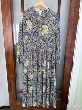 Morris & Co. x‎ H&M Blue/Teal/Chartreuse Sheer Paisley Midi Tiered Dress 6